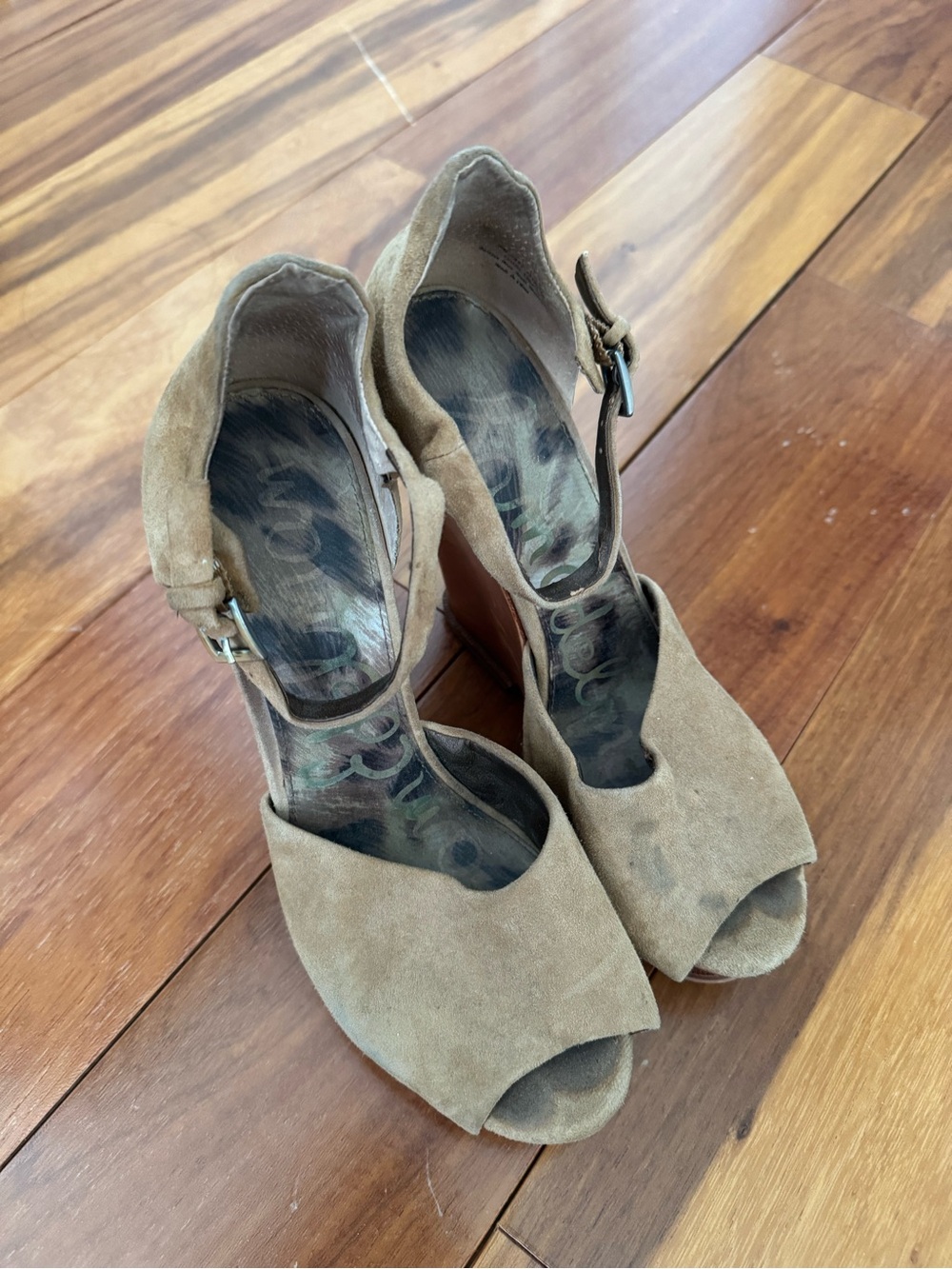 Sam Edelman Tan Suede Peep-Toe Platform Wedges with Ankle Strap